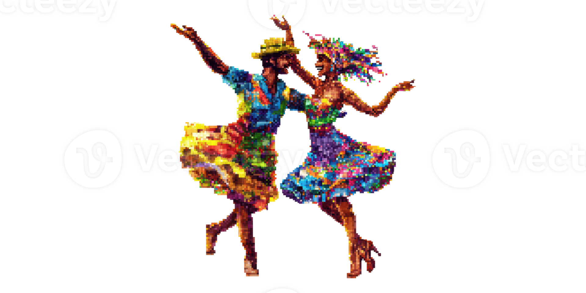 Colorful dancing couple in vibrant costumes isolated on transparent background png