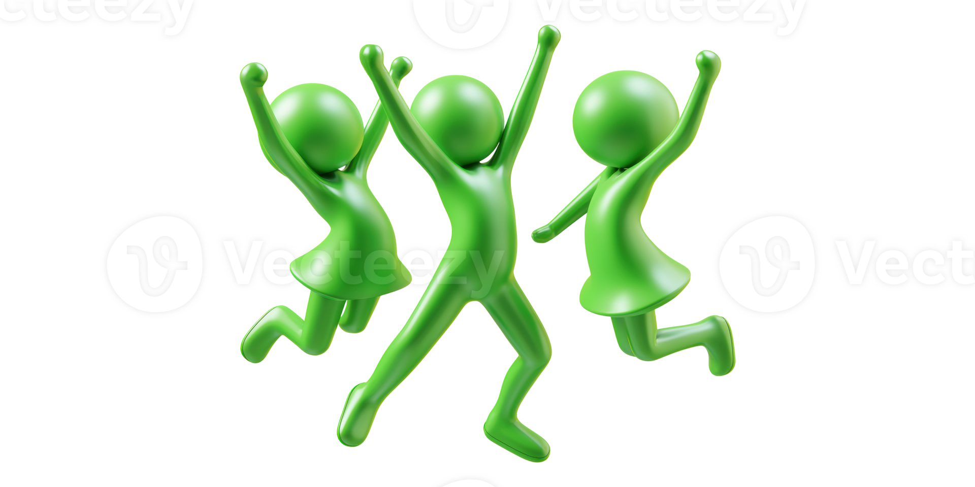 Three green characters jumping happily isolated on transparent background png