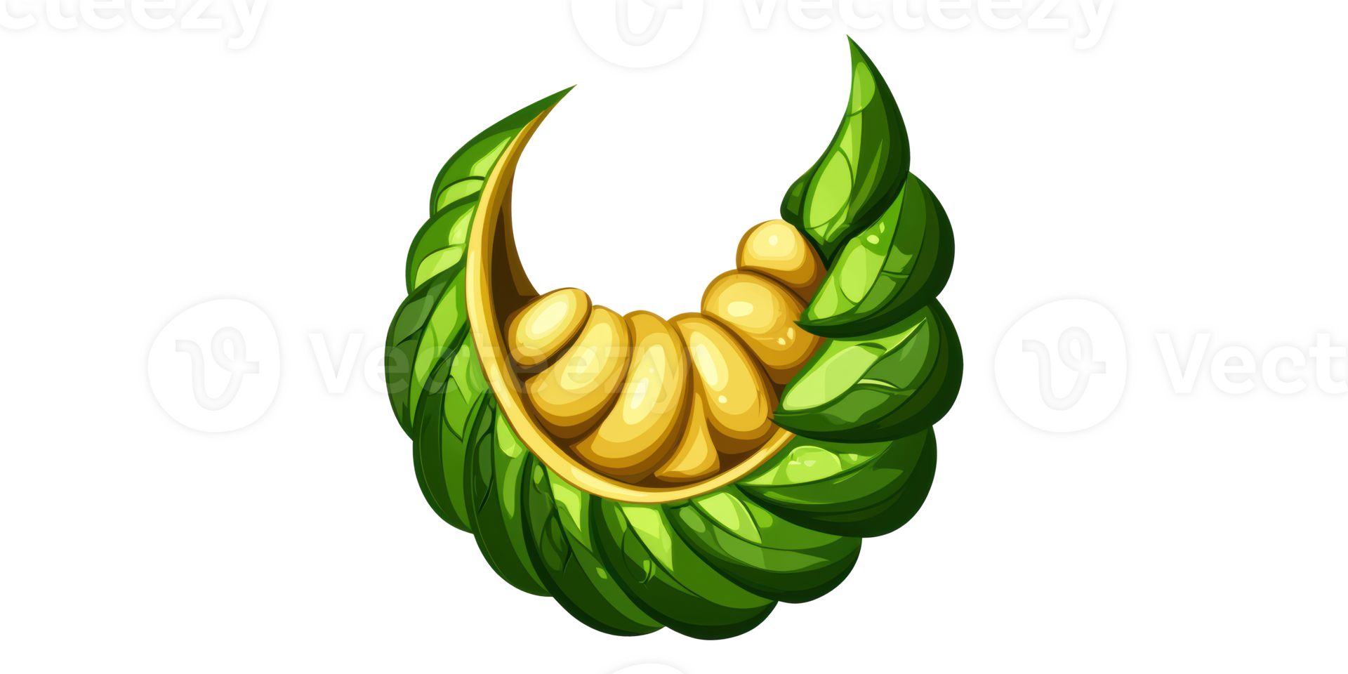 Green leaf cocoon with gold details isolated on transparent background png