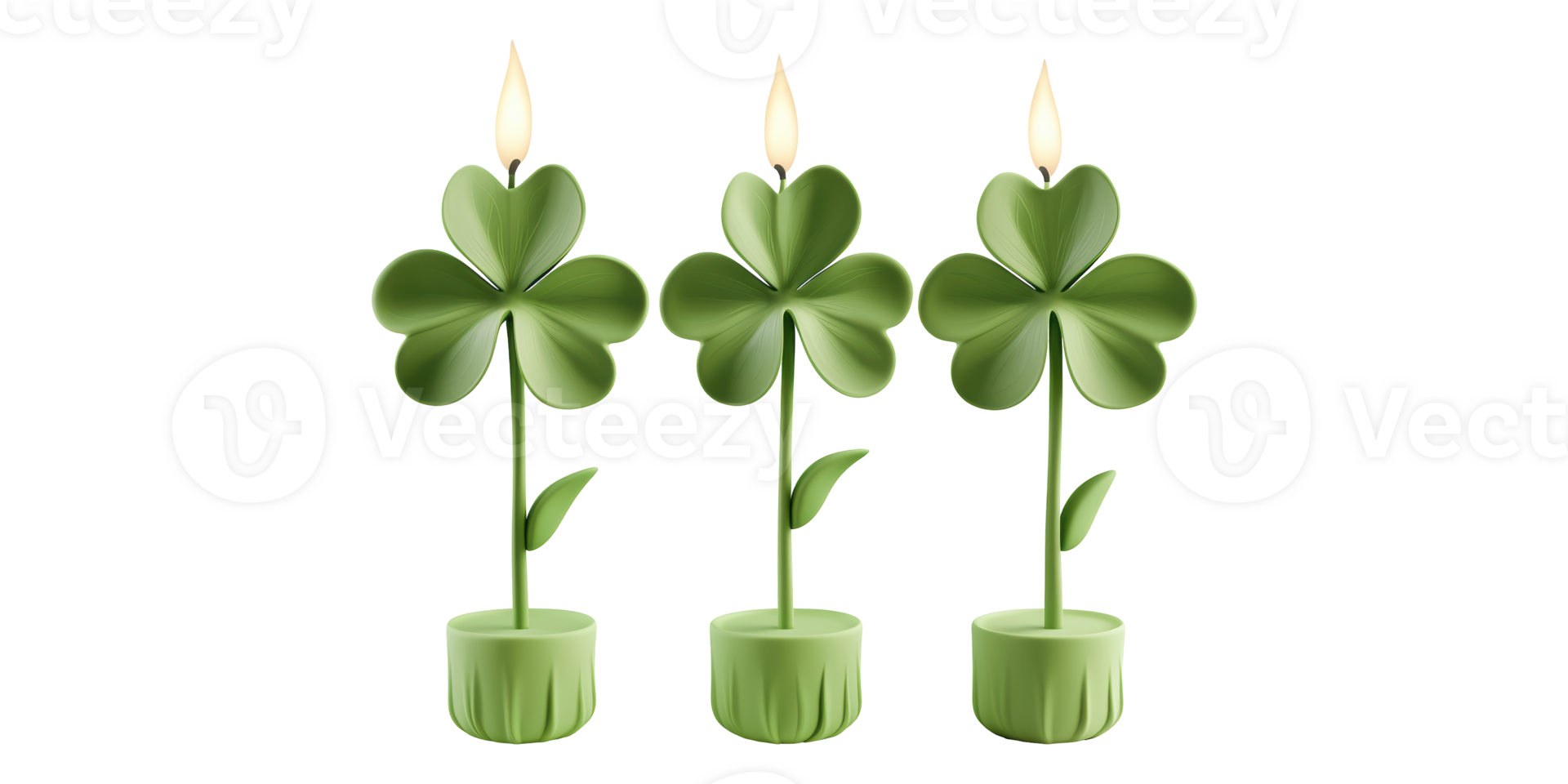 Three green clover-shaped candles with flames isolated on transparent background png