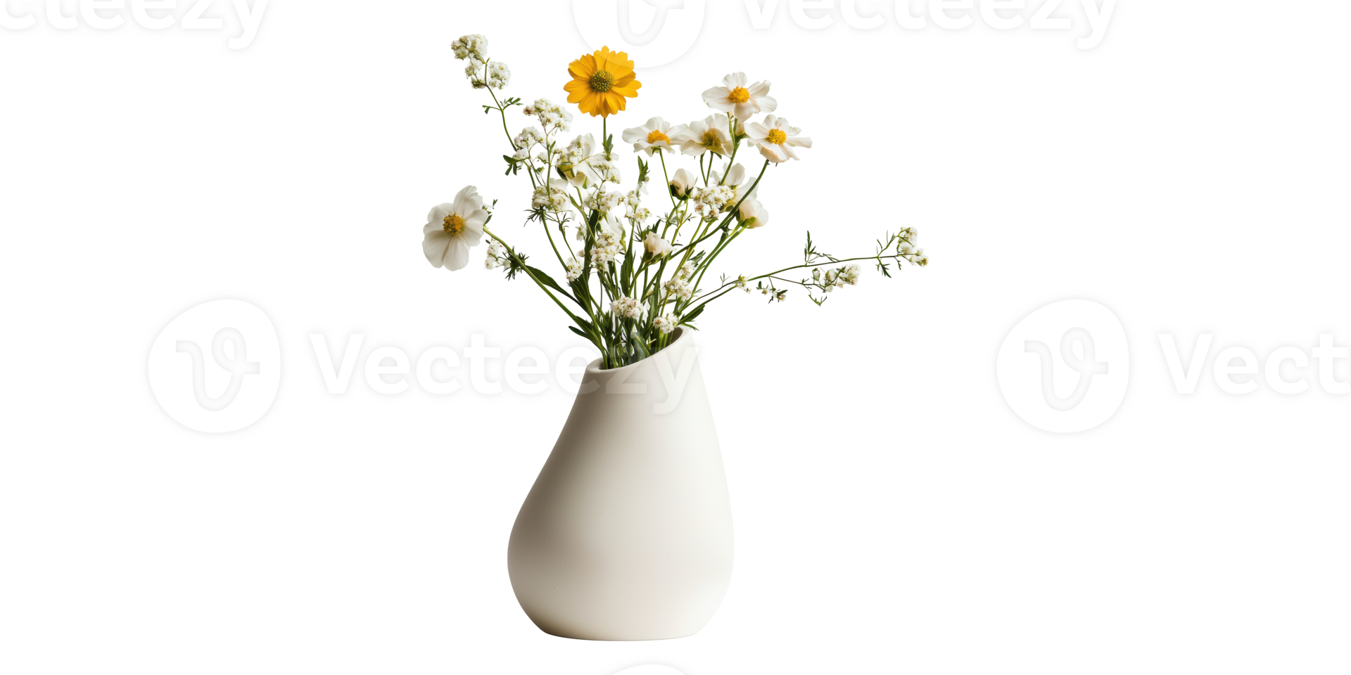 White ceramic vase with wildflowers isolated on transparent background png