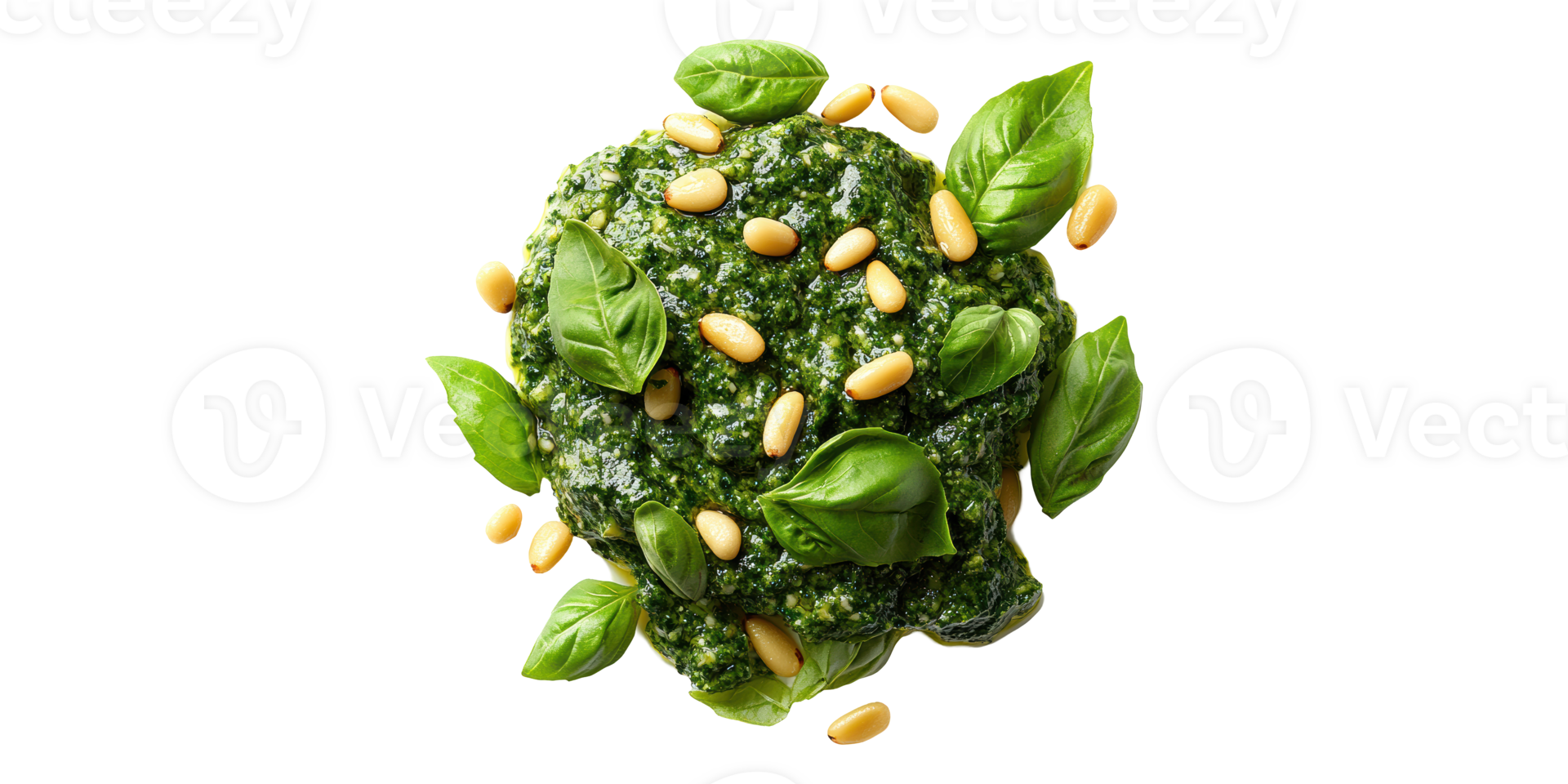Pesto sauce with basil leaves and pine nuts isolated on transparent background png