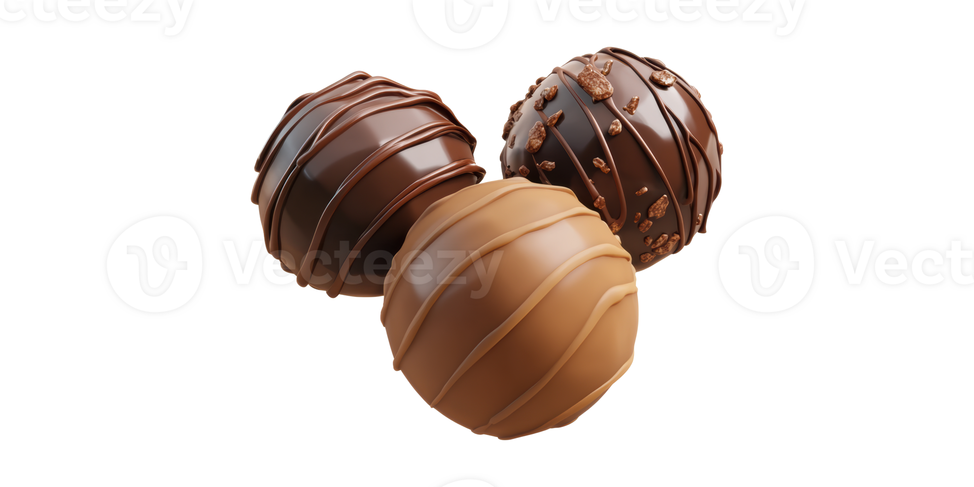 Three assorted chocolate truffles isolated on transparent background png