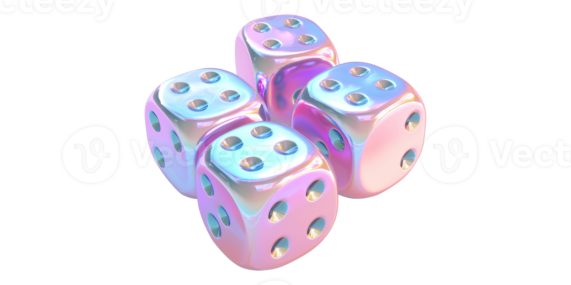 Four iridescent dice with rounded edges isolated on transparent background png