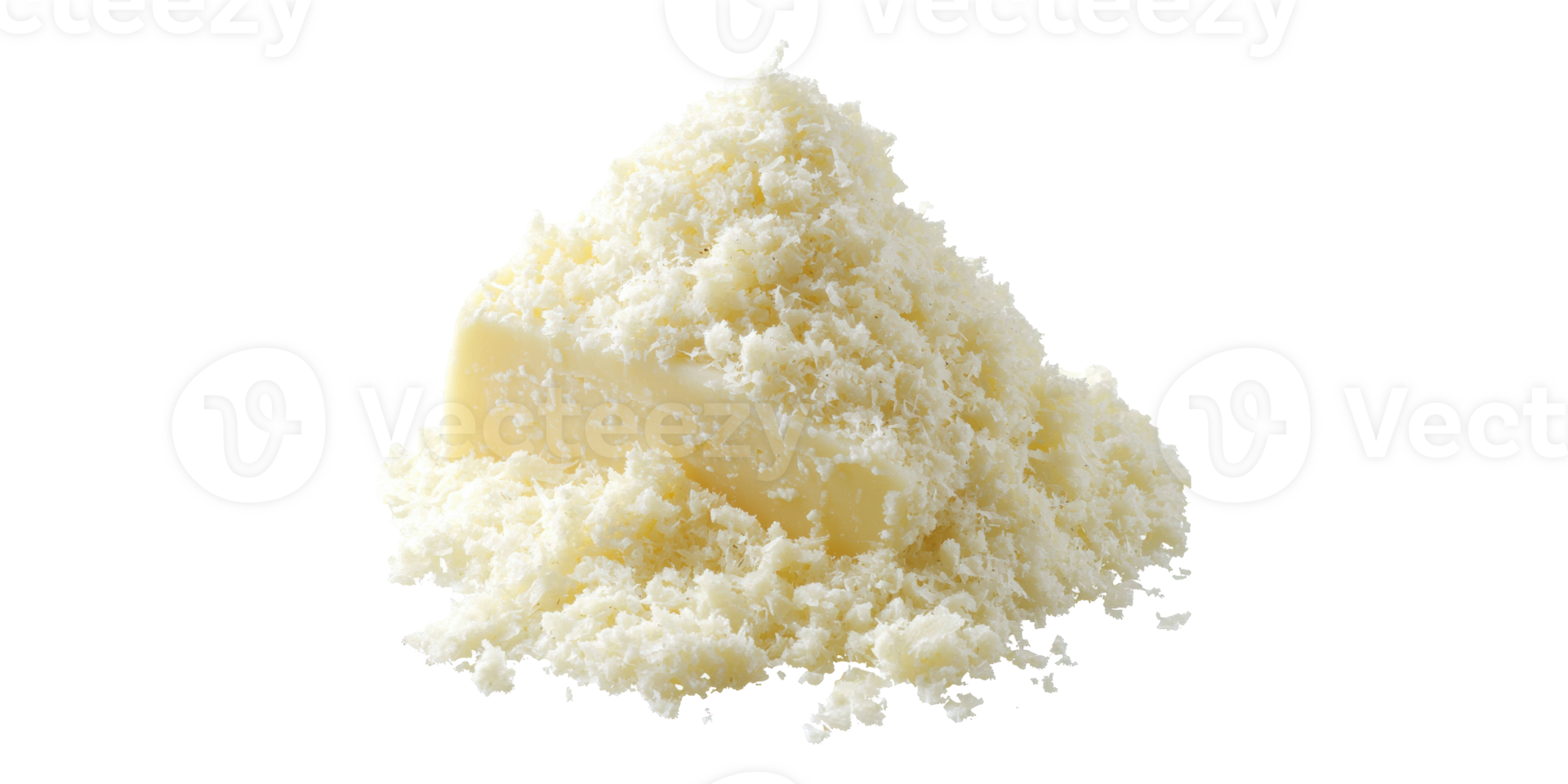 Grated parmesan cheese pile with small block isolated on transparent background png