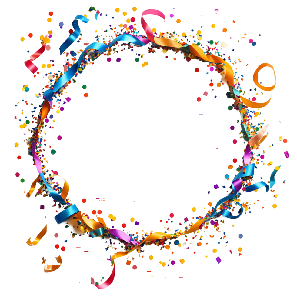 a circle of colorful confetti and ribbons on a transparent background png