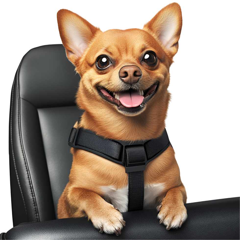 a dog wearing a harness is sitting in the front seat of a car transparent background. png
