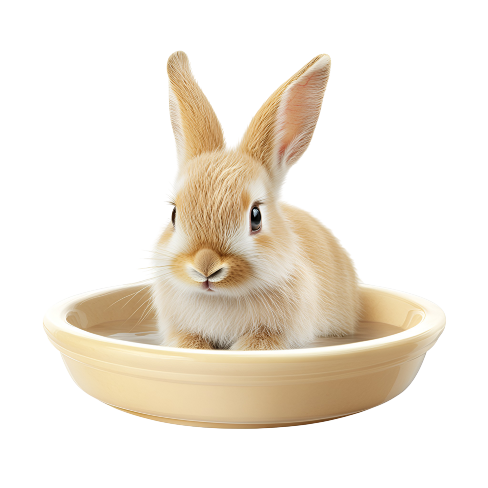 a small rabbit sitting in a bowl on transparent background. png
