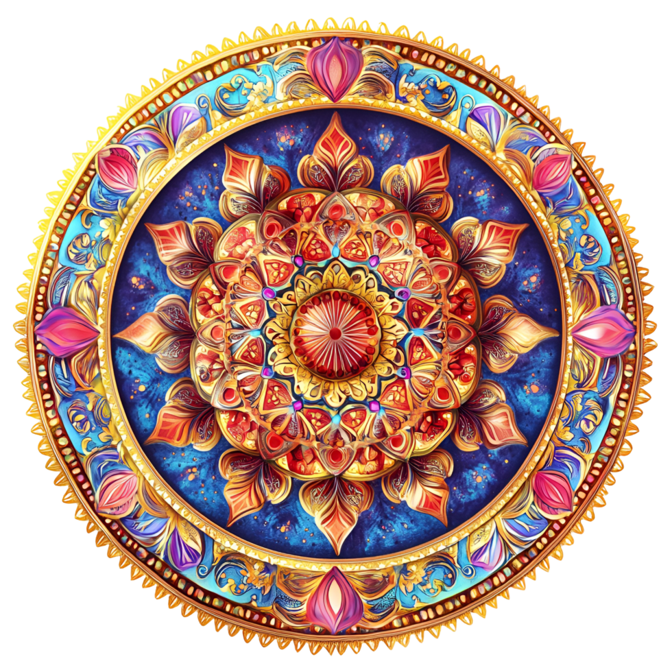 a colorful circular design with a gold border transparent background. png