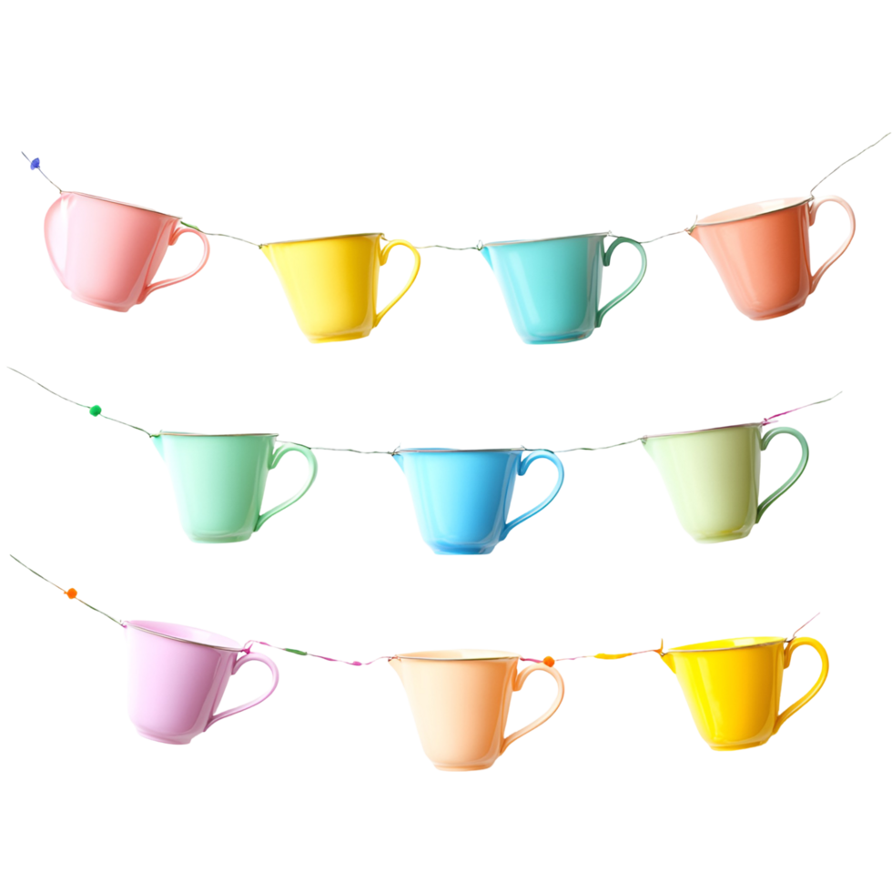 colorful tea cups on a string on transparent background png