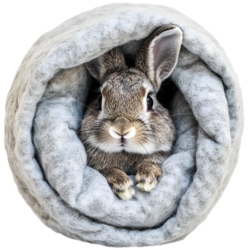 a rabbit is sitting in a bed on transparent background. png