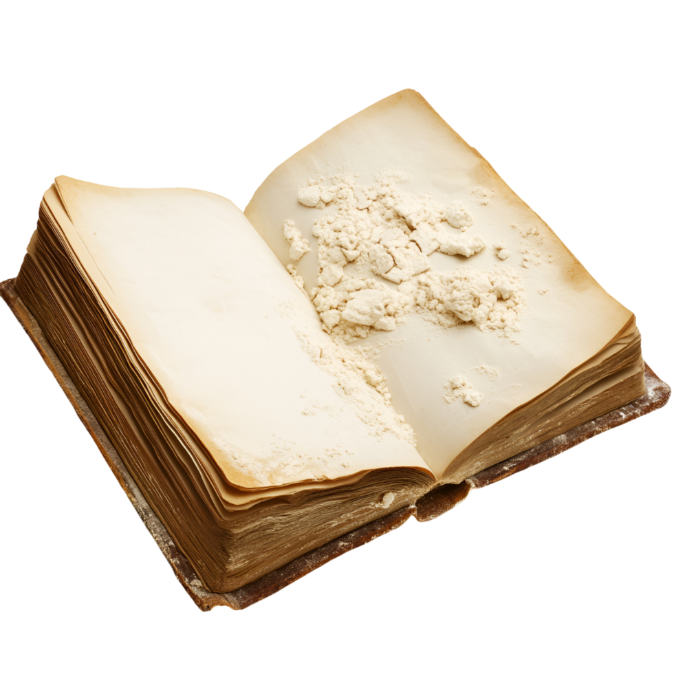 an open book with a white powder on transparent background png
