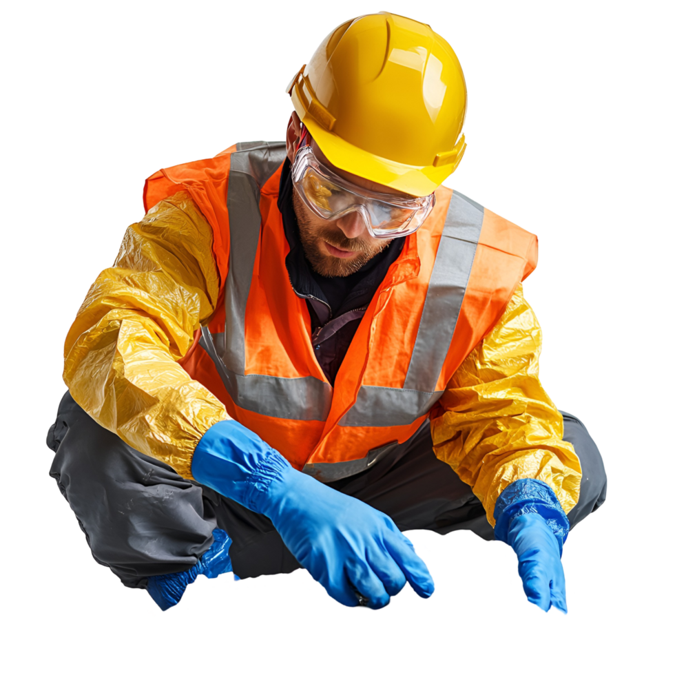 a man in safety gear kneeling down transparent background png