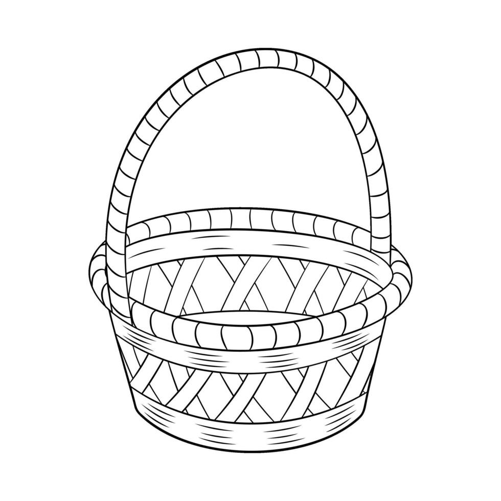 Empty wicker basket with handle doodle style, handmade container or pannier Hand drawn black and white isolated, coloring page. Accessories for storage or carrying line art illustration vector