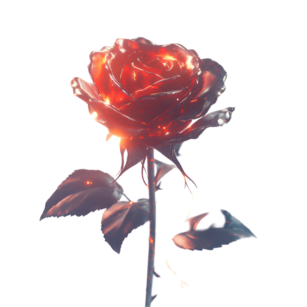 a red rose with glowing leaves on transparent background. png