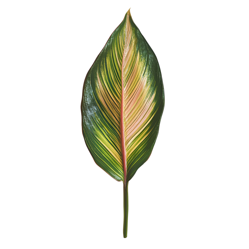 a green leaf with a red stripe on transparent background. png