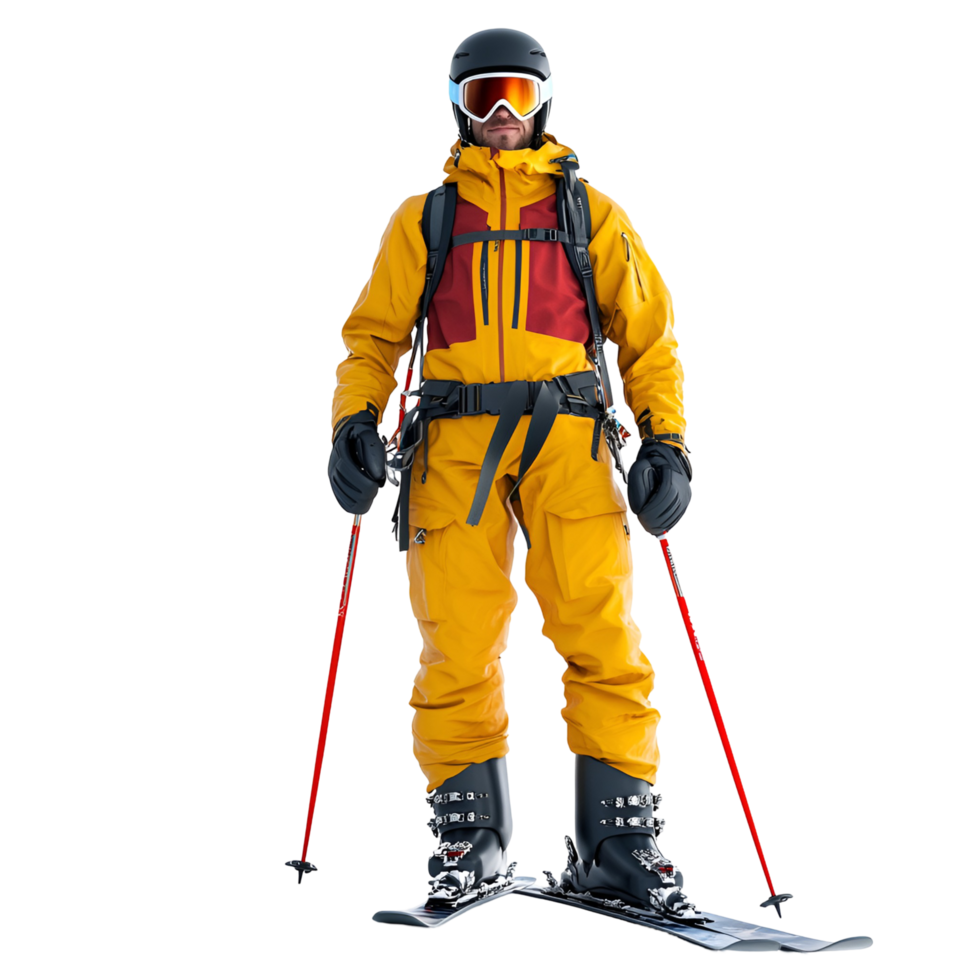 a man in a yellow ski suit standing on skis transparent background. png