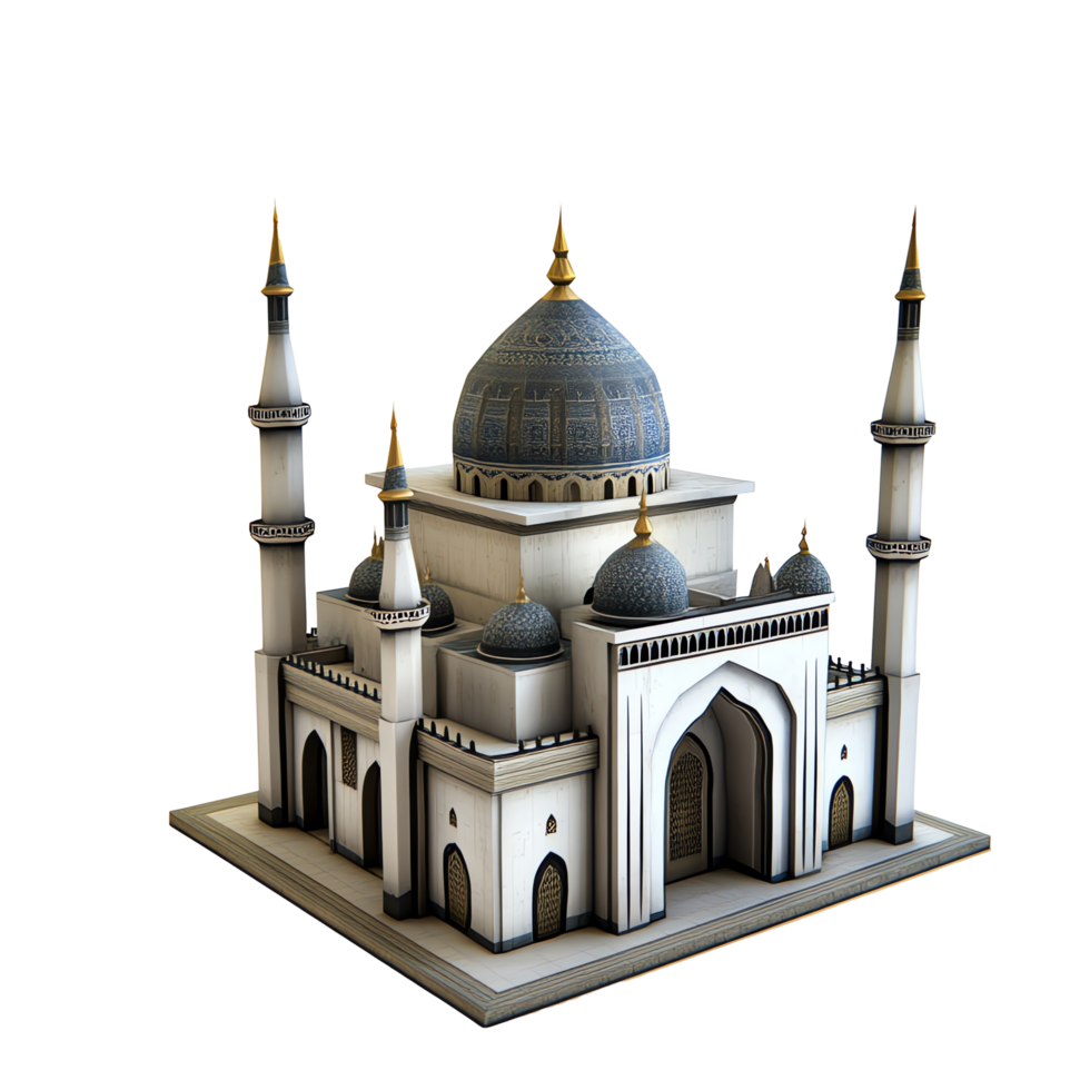 Explore Exquisite Mosque Architecture A Detailed 3D Model Showcase with Intricate Designs, Golden Accents, and Majestic Domes png