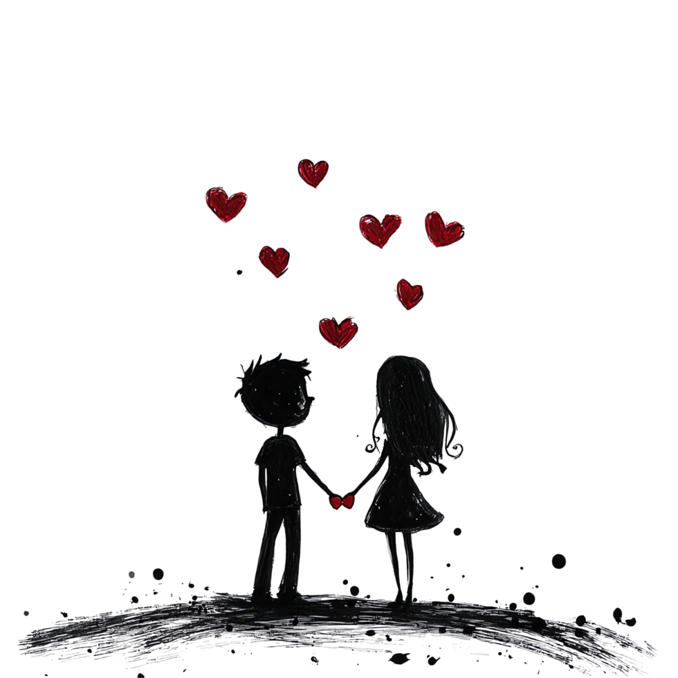 Silhouette Couple Holding Hands, Surrounded by Red Hearts, Romantic Artwork png