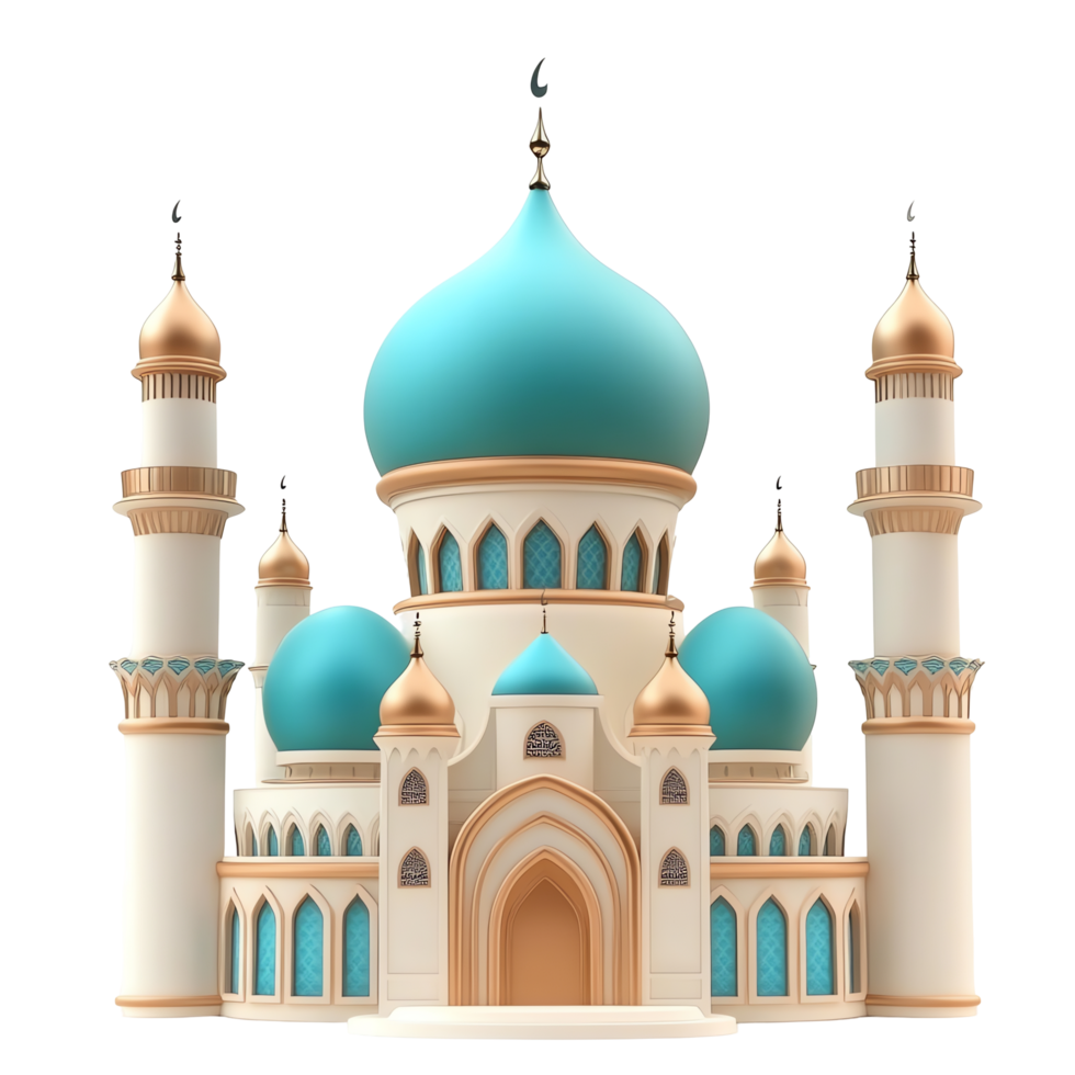 Exploring Exquisite Mosque Architecture A 3D Model of a Stunning Islamic Building with Domes, Minaret png