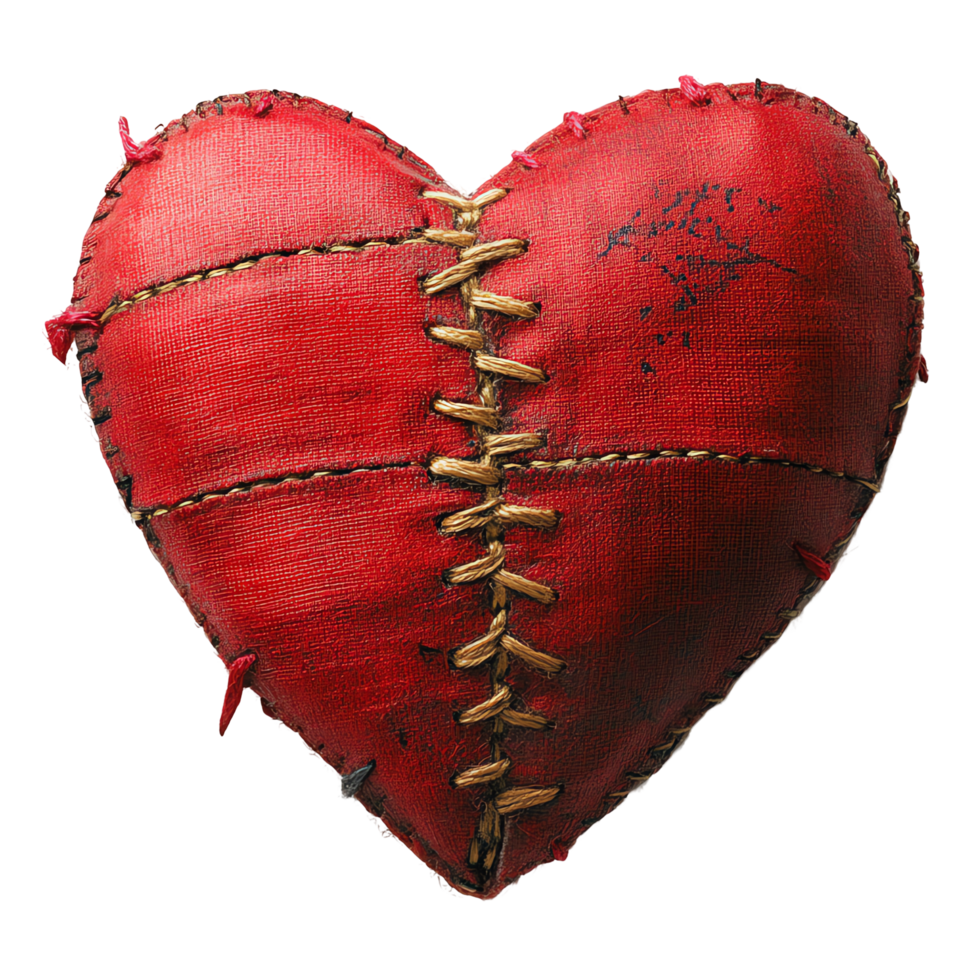 Mending a Broken Heart A Red Leather Heart Symbolically Repaired with Gold Stitching, Showing Resilience and Healing png