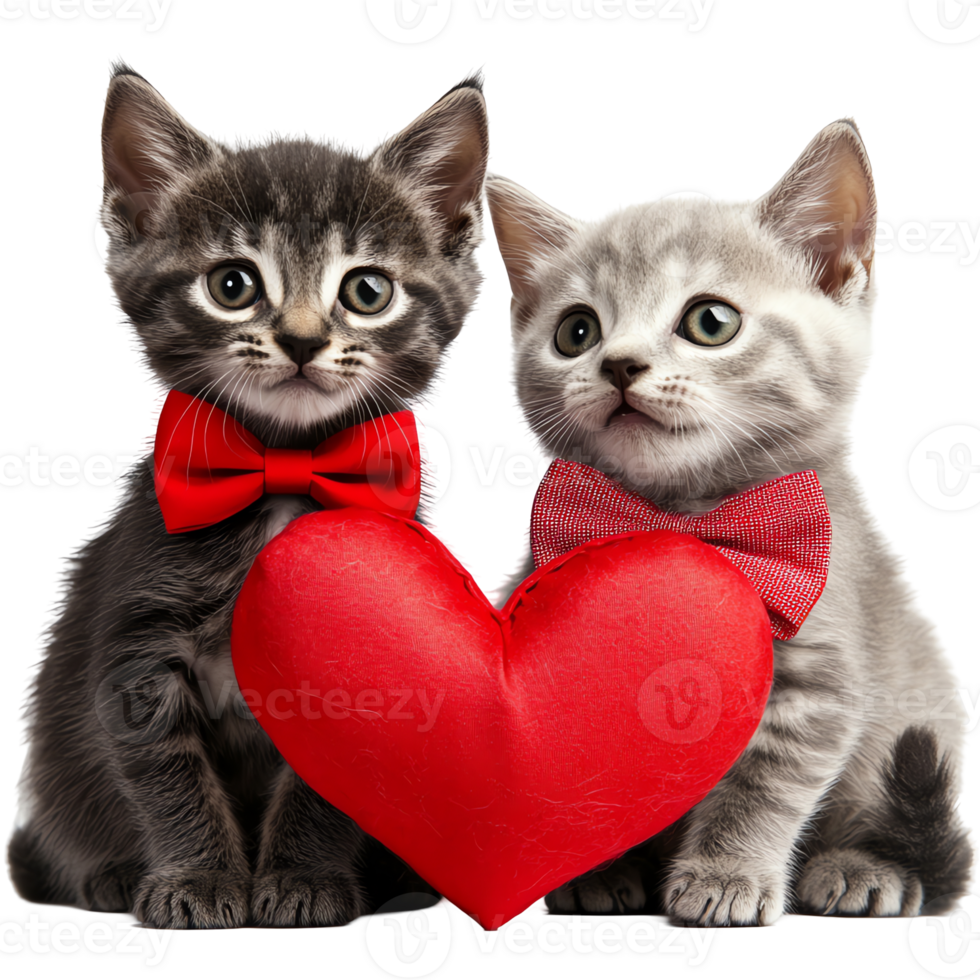 Adorable Kittens with Bows Share a Heart, Symbol of Love and Affection for Valentine's Day png