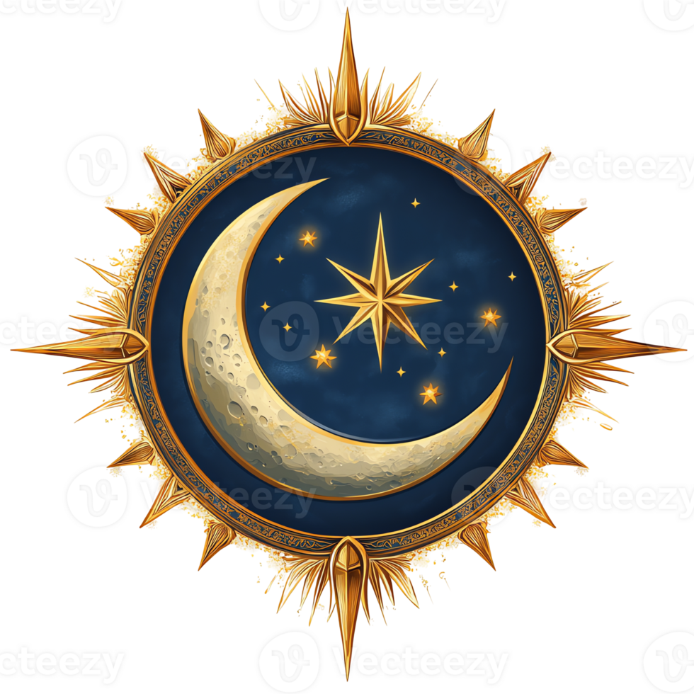 Crescent Moon, Golden Star Burst, Celestial Night Sky, Mystical Design Crescent Moon, Golden Star Burst, Celestial Night Sky, Mystical Design