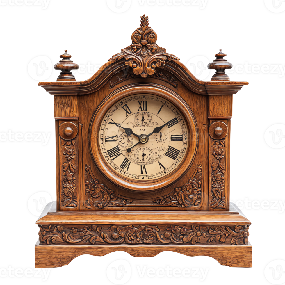Antique Wooden Mantel Clock with Intricate Carvings, Roman Numerals png