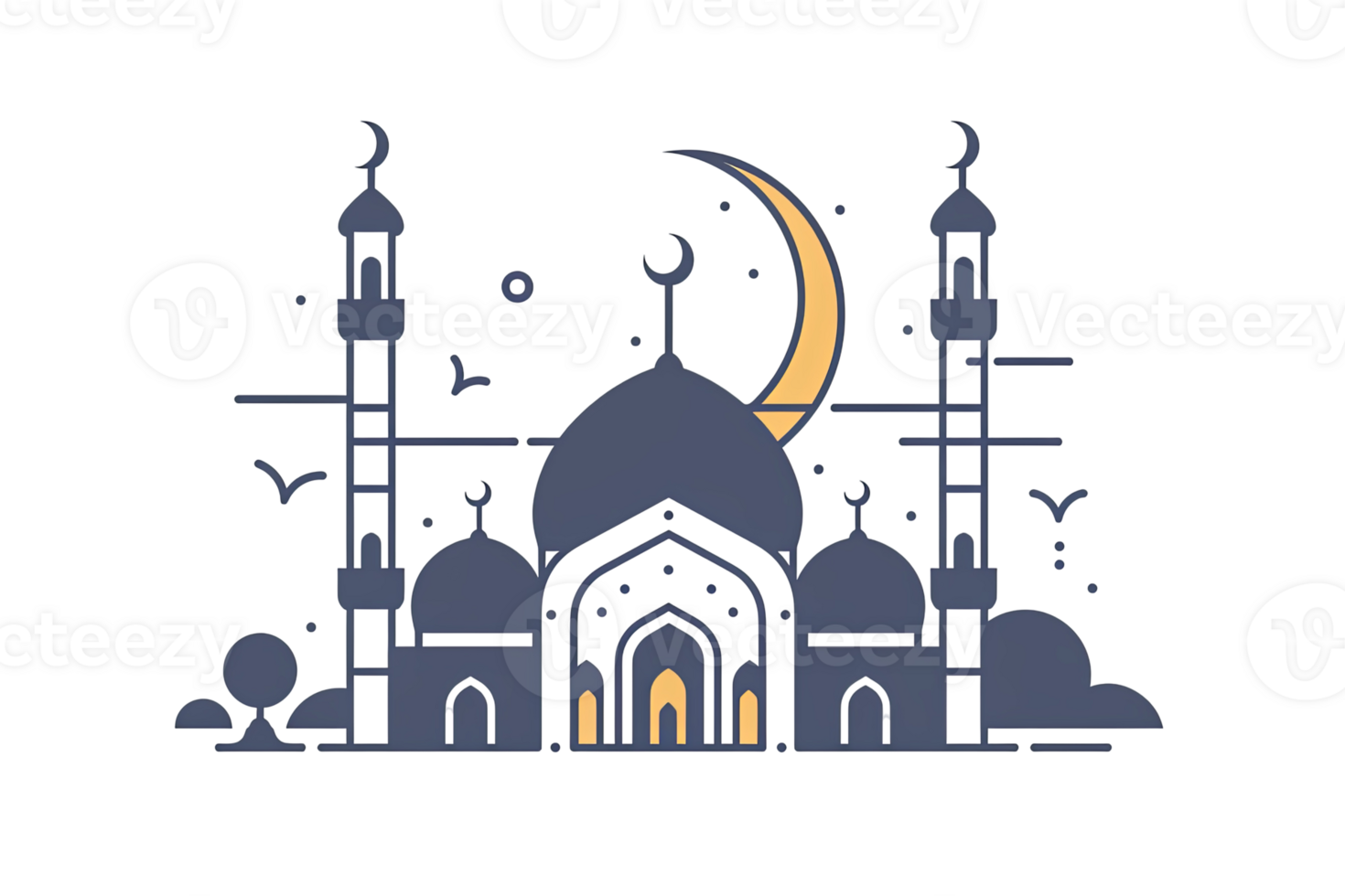 Mosque Architecture Night Scene with Crescent Moon, Minarets, and Domes, Peaceful Serenity, Cultural Significance png