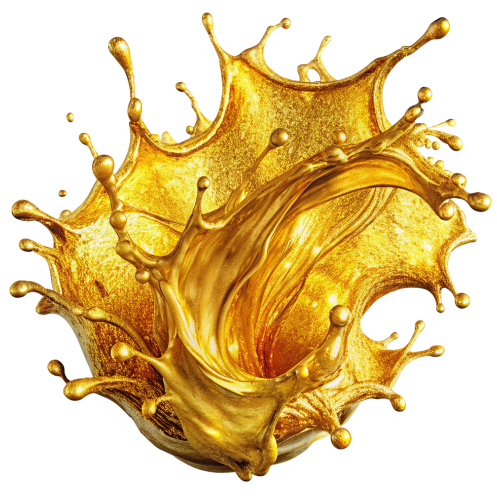 Golden oil splash in motion creating fluid shapes png