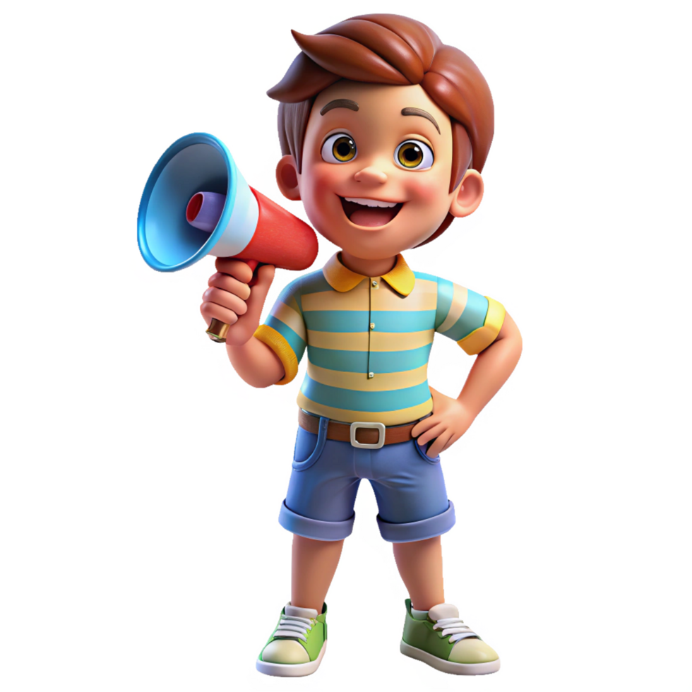 Smiling little speaker using a megaphone png