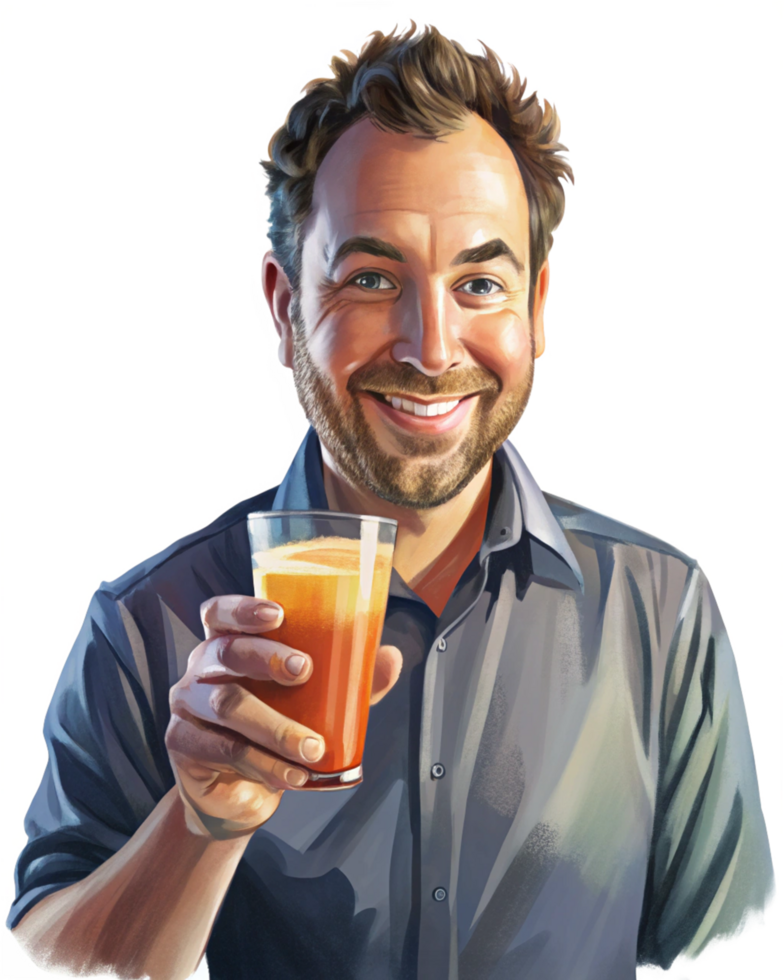 Fresh juice and a cheerful man enjoying the moment png