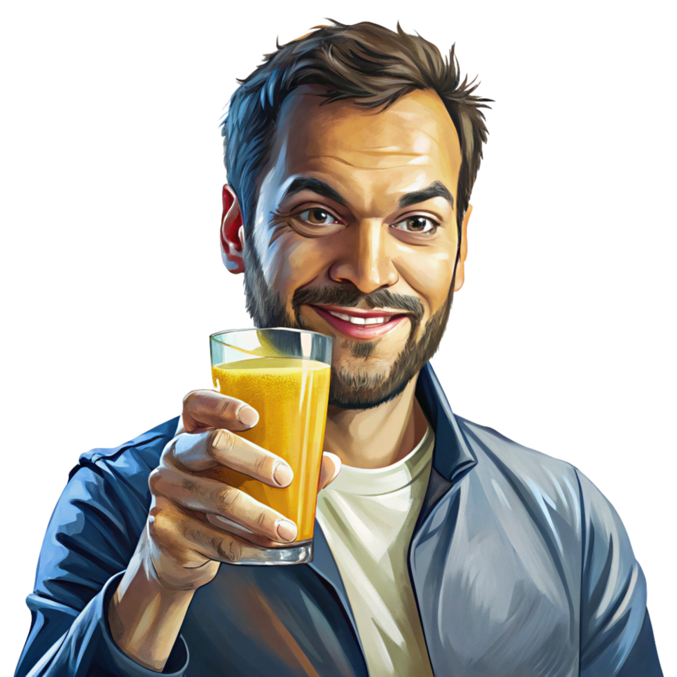 Man in casual attire holding a fresh juice glass png
