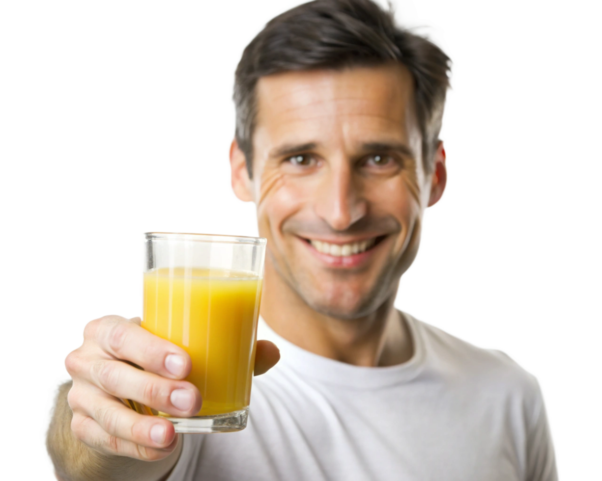 Man holding a glass of fruit juice and smiling png