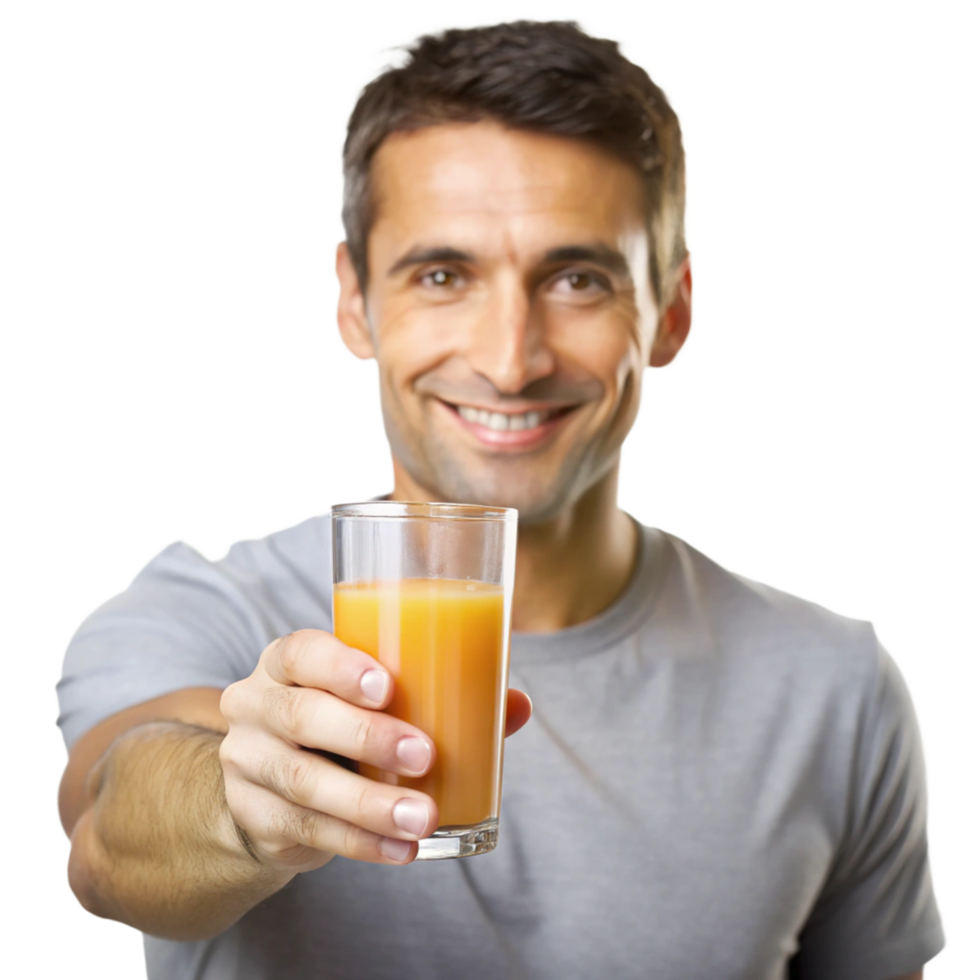 Handsome man holding a juice glass with a smile png
