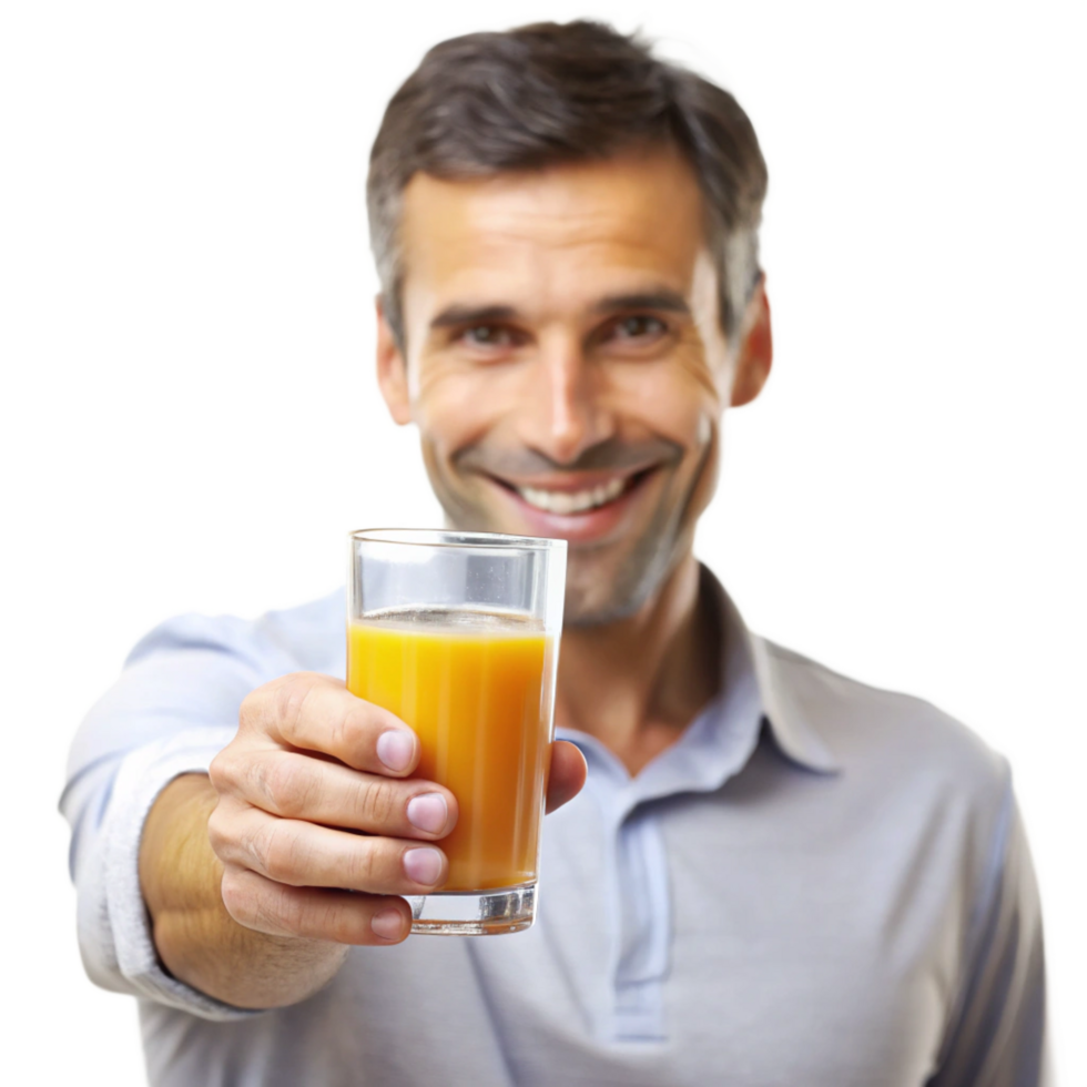 Refreshing juice in the hands of a happy man png