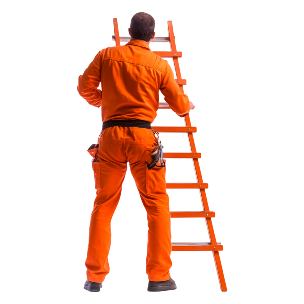 Worker in Orange Uniform Climbing a Ladder for Building Maintenance png