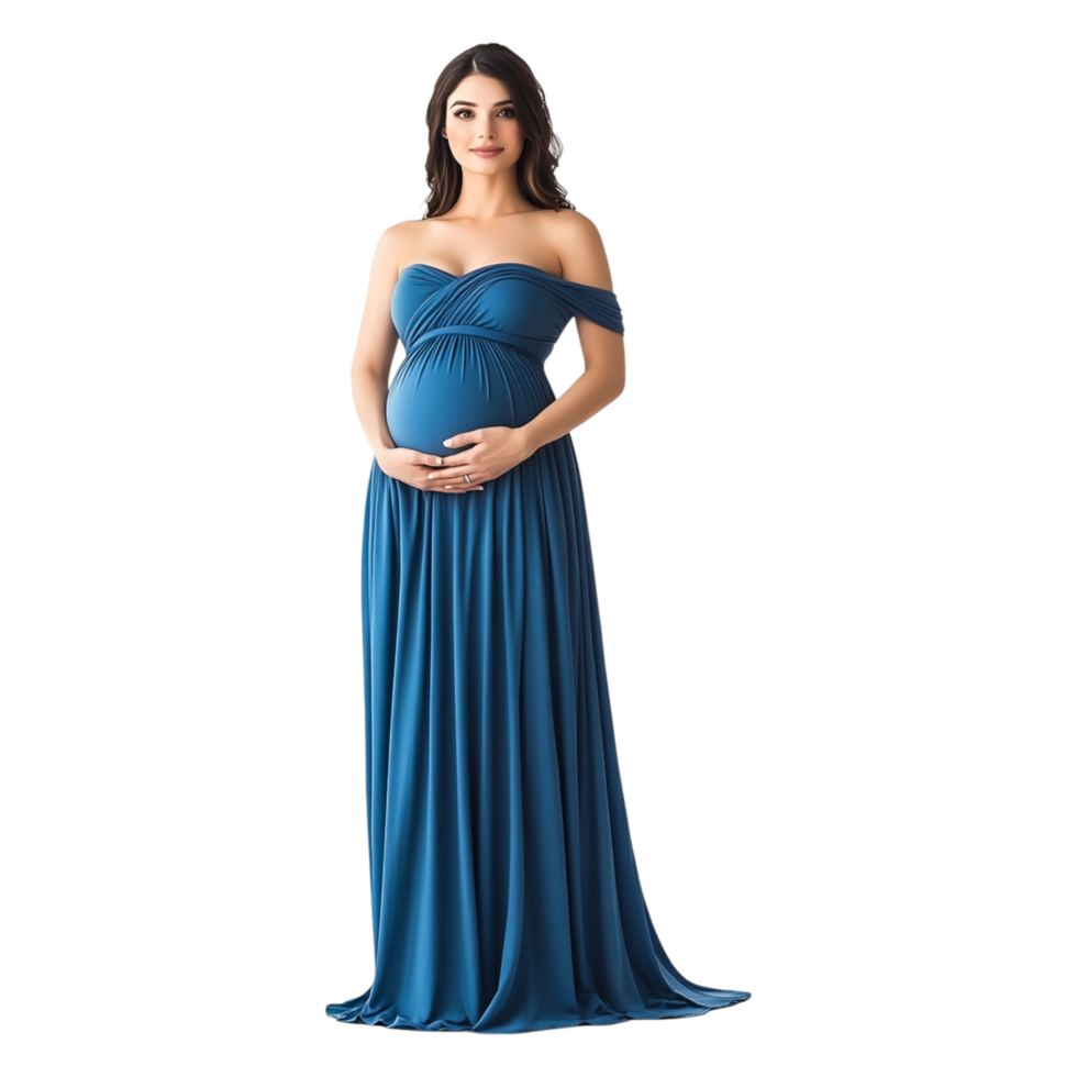 Expecting Mother in Elegant Blue Dress with Graceful Pose png