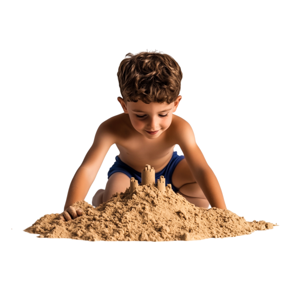 Young Boy Engaged in Creative Sandcastle Building on the Beach png
