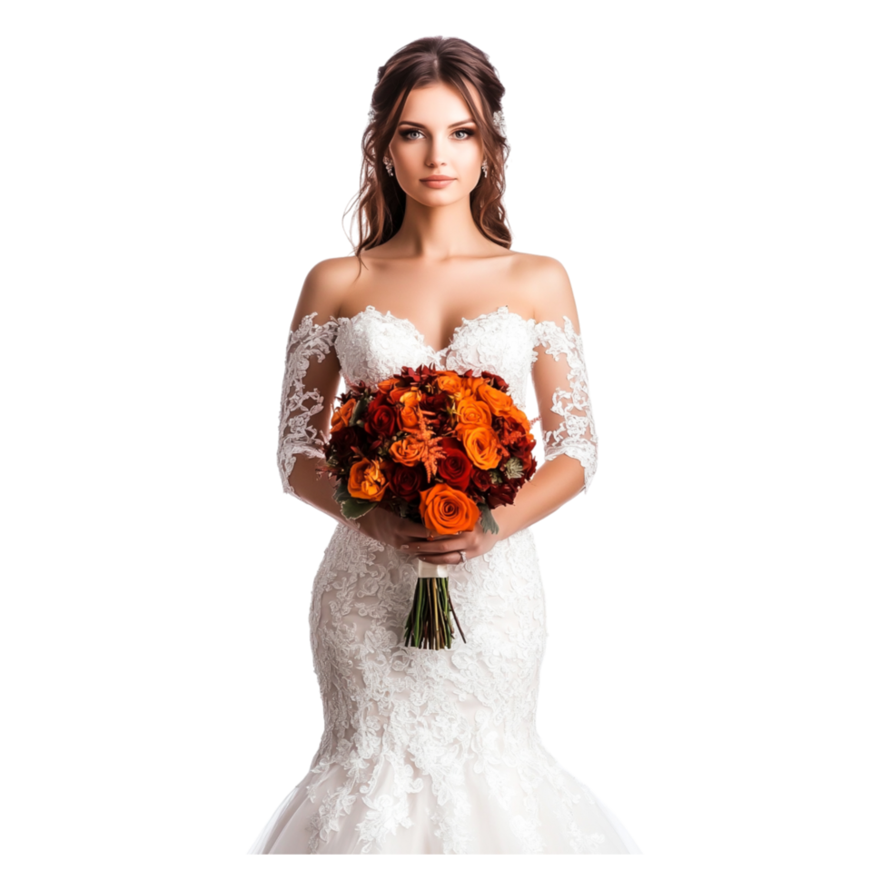 Elegant Bride with Gorgeous Bouquet of Orange Roses and Flowers png
