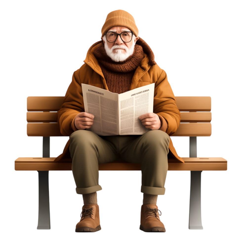 Elderly Man Reading Newspaper on Park Bench in Autumn Park Setting png