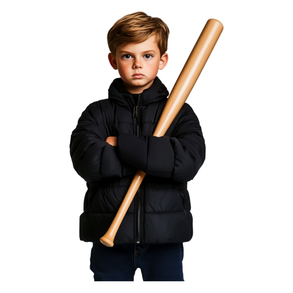 Serious Boy Holding Bat in Padded Jacket Against Dark png
