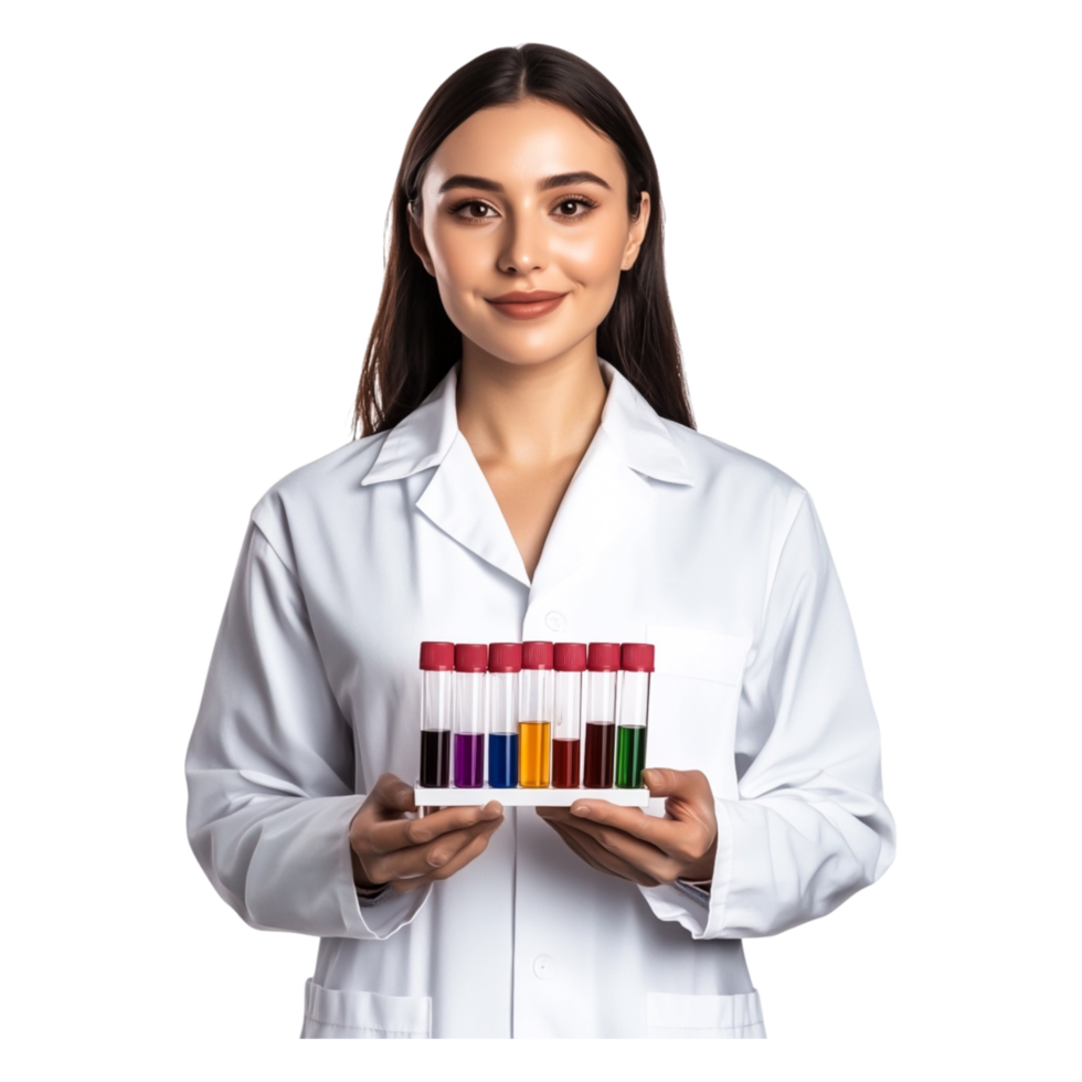 Young Female Scientist Holding Test Tubes with Colorful Liquids png