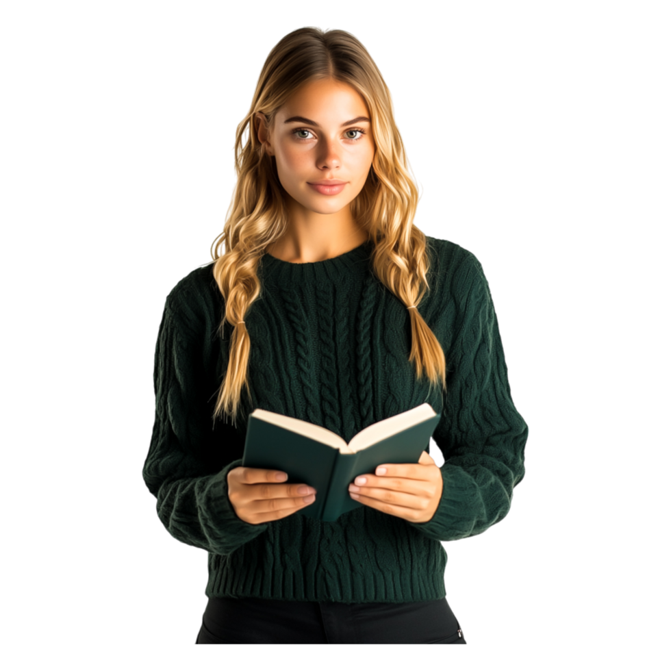 Young Woman Reading Book in Cozy Sweater with Warm Expression png