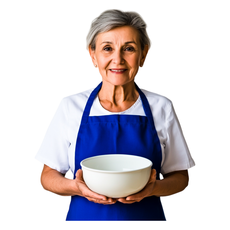 Cheerful Senior Woman Holding White Bowl in Kitchen Setting png