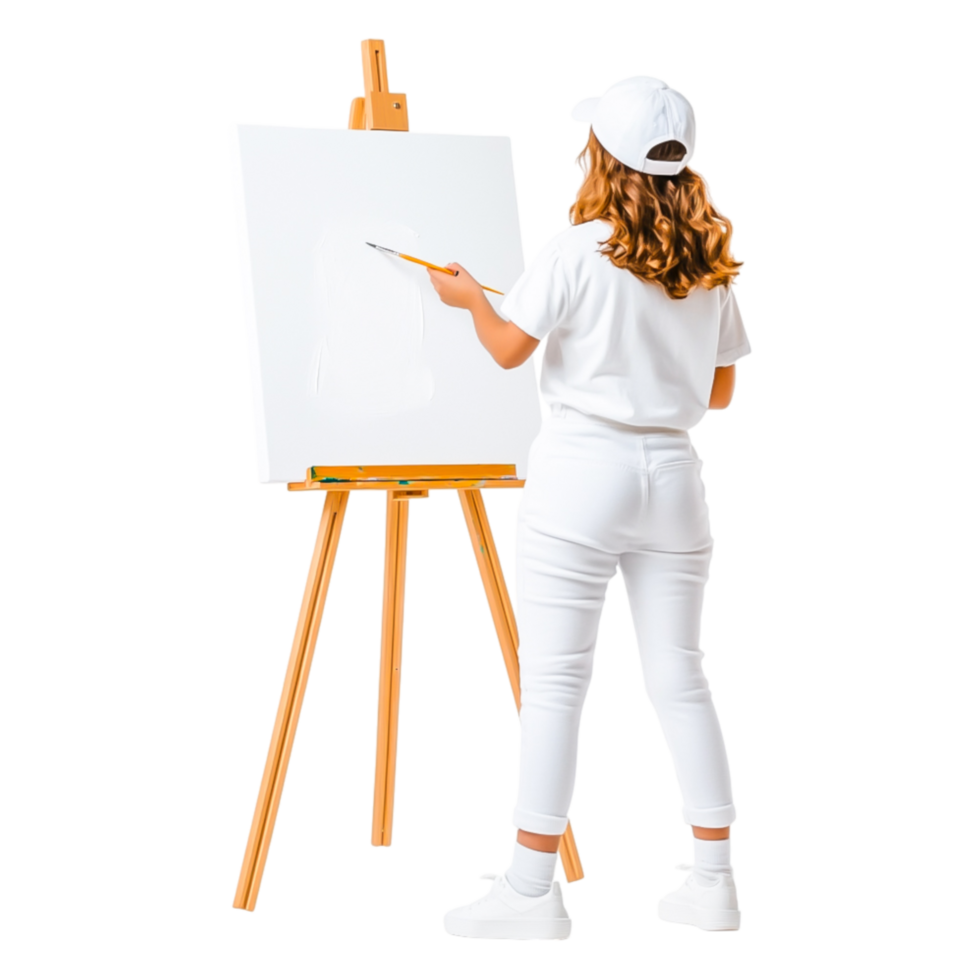 Young Female Artist Creating Artwork on Blank Canvas at Easel png