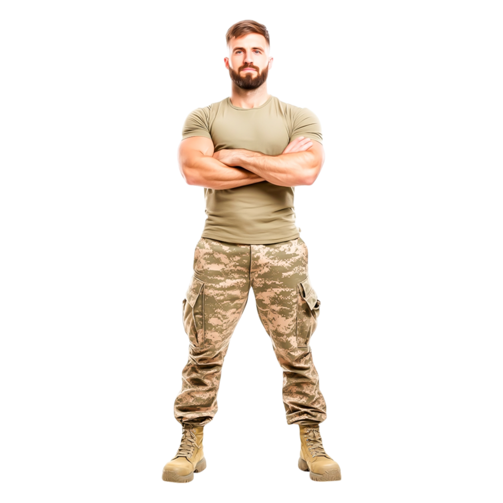 Confident Male Soldier in Military Uniform with Arms Crossed Pose png