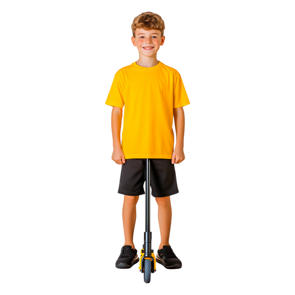 Happy Boy Standing on Scooter Wearing Bright Yellow Shirt png