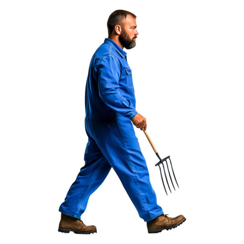 Determined Farmer Walking with a Pitchfork in Blue Work Overalls png