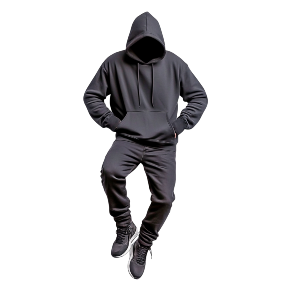 Stylish athletic outfit featuring hoodie and jogger pants on model png
